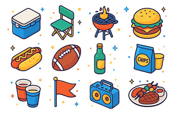 Tailgate Icons Collection. Tailgate. Colorful isometric vector icons set of tailgate: cooler box, folding chair, grill, burger, hot dog, football, beer bottle,