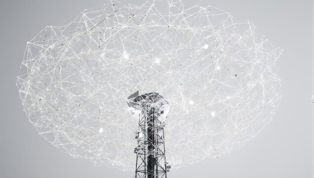 Dynamic abstract network sphere surrounds towering communication tower, symbolizing global connectivity and modern technology.