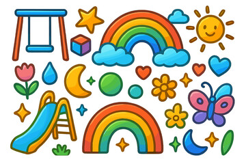 Vibrant Playground Doodles. Colorful Hand-drawn doodle Children illustration Glassy Gradient Playground [swing, slide, rainbow, star, cube, prism, circle,