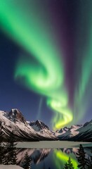 Majestic aurora borealis dances above a serene winter landscape, its vibrant green and purple hues reflected in a frozen lake, nestled amongst snow-capped mountains.