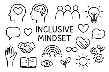 Inclusive Mindset Symbols. Hand-drawn doodle illustration Inclusive mindset [head with heart, open brain, group of people, lightbulb, speech bubble, heart