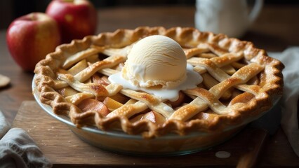 Indulge in warm, homemade apple pie topped with melting vanilla ice cream, a perfect dessert for cozy moments and family gatherings.