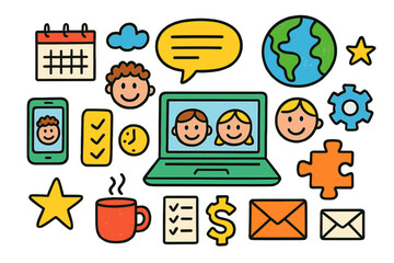 Colorful Remote Collaboration. Remote teamwork. Colorful Hand-drawn doodle Children illustration laptop, phone, chat bubble, calendar, globe, coffee cup,