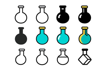 Flask Logo Grid. Set Logo of Flasks: Round-bottom boiling flask. Logo set in vector style, emblematic variations. line, bold thick line, solid black filled,