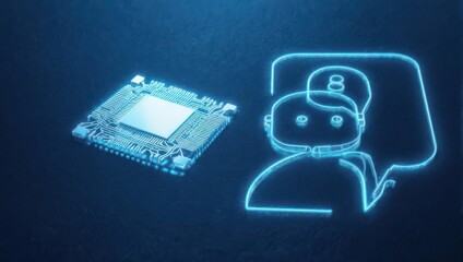 Futuristic AI chatbot icon interacts with glowing microchip, symbolizing advanced technology and artificial intelligence communication breakthroughs.