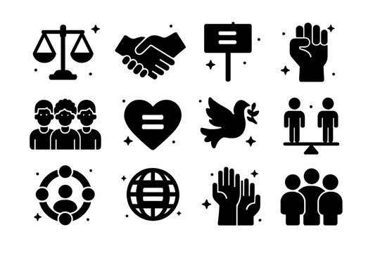 Icons of Equality. Social Equality. Solid icons set of justice scale, handshake, equality symbol, protest sign, raised fist, diverse group, heart with equal