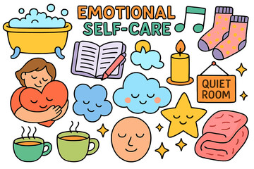 Cozy Self-Care Icons. Colorful Hand-drawn doodle Children illustration Emotional self-care bubble bath, cozy socks, calm music note, journal, candle, teacup,