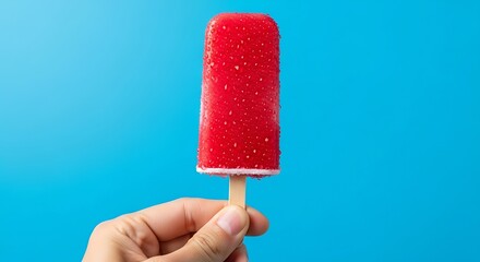 A vibrant red popsicle, dripping with condensation, is held against a bright backdrop of azure blue.