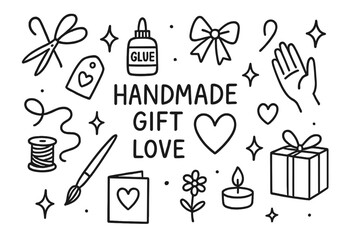 Crafting Essentials Icons. Hand-drawn doodle illustration Handmade gift love [scissors, glue bottle, ribbon, heart, thread spool, yarn, paintbrush, card, gift