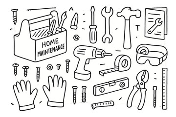Home Maintenance Essentials. Hand-drawn doodle illustration Home maintenance toolkit toolbox, screwdriver, wrench, hammer, screws, drill, tape measure, level,