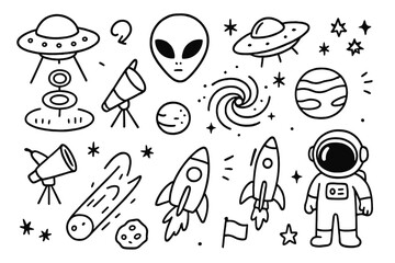 Alien Doodle Art. Alien encounters. Hand-drawn doodle illustration alien encounters UFO, alien face, spaceship, crop circle, galaxy swirl, telescope, radio