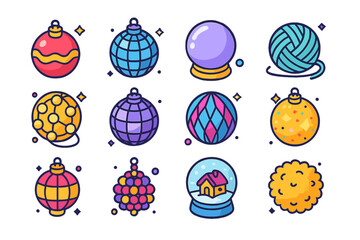 Colorful Ball Icons. Colorful isometric vector icons set of decorative balls: Christmas ornament ball, disco ball, crystal ball,