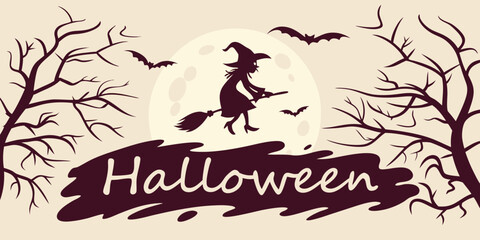 Halloween banner with a horizontal vector logo. The text features spooky tree branches, bats, and a beautiful witch against a full moon background.