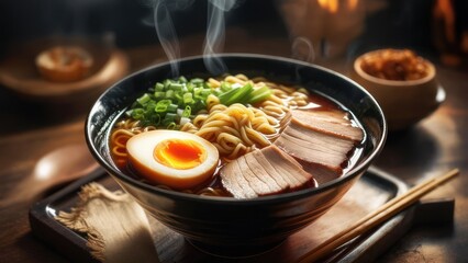 Savor steaming hot ramen with tender pork, perfectly soft egg, and fresh scallions, a comforting and delicious meal experience