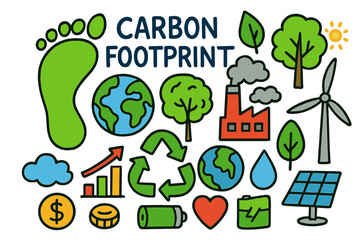 Eco-Friendly Icons. Carbon footprint. Colorful Hand-drawn doodle Children illustration footprint, globe, leaf, factory, tree, wind turbine, solar panel,