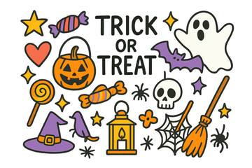 Halloween Doodle Fun. Trick or treat. Colorful Hand-drawn doodle Children illustration candy, pumpkin bucket, ghost, bat, star, heart, sparkle, lollipop, witch
