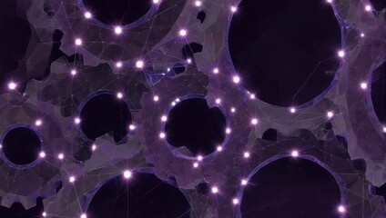Dynamic digital network connects glowing interconnected gears, symbolizing innovation, technology, and complex systems.