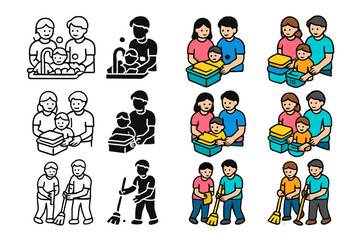 Family Chores Icon Set. Icon Set of Parents helping child with chores: washing dishes together, folding laundry, sweeping floor.