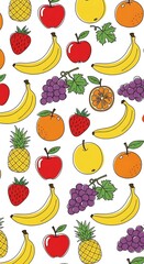 A vibrant and colorful pattern showcasing various fruits, including apples, bananas, oranges, pineapples, strawberries, and grapes, arranged in a cheerful and appetizing design.