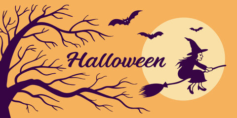 Halloween horizontal banner with vector logo. The inscription with ominous tree branches, bats and a pretty witch on a background of the full moon.