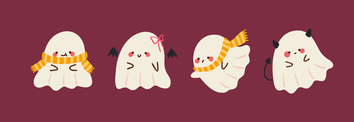 Cute Halloween Ghost Cartoon Characters in Friendly Spooky Costume with Ribbon Bow Scarf and Devil Wing Vector Illustration