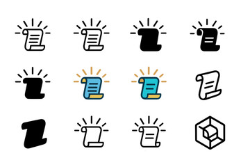 Knowledge Expansion Logos. Set Logo of Knowledge Expansion: ancient scroll with radiating lines. Logo set in vector style, emblematic variations. line, bold