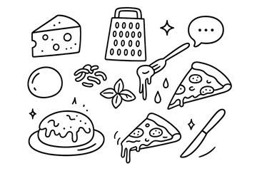 Cheese Doodle Icons. Hand-drawn doodle illustration Cheesy pizza topping cheese wedge, grater, mozzarella ball, shredded cheese,