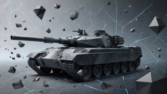 Futuristic armored tank with digital network overlay and abstract geometric shapes, symbolizing advanced warfare technology and cyber defense.