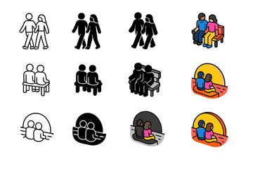 Shared Moments Icons. Icon Set of Shared Moments: Walking together, Sitting on bench, Watching sunset. Icons set in vector style, emblematic variations.