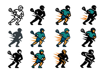 Dynamic Lacrosse Logo Grid. Set Logo of Fast-Paced Sports: lacrosse shot in motion. Logo set in vector style, emblematic variations. line, bold thick line,