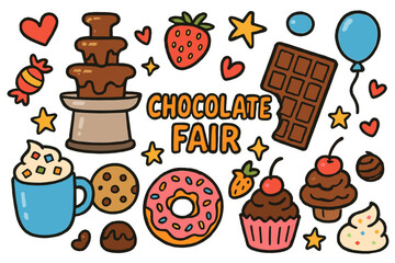 Chocolate Fair Doodles. Colorful Hand-drawn doodle Children illustration Chocolate fair chocolate fountain, chocolate bar, candy,