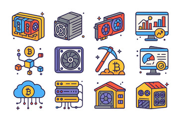 Naklejka premium Colorful Bitcoin Mining Icons. Colorful isometric vector icons set of bitcoin mining and technology: bitcoin mining rig, ASIC