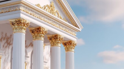 Naklejka premium Elegant Classical Architecture with Detailed Columns and Ornate Facade Against a Blue Sky Background