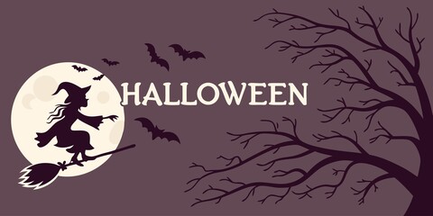  Halloween horizontal banner with vector logo. The inscription with ominous tree branches, bats and a pretty witch on a background of the full moon.