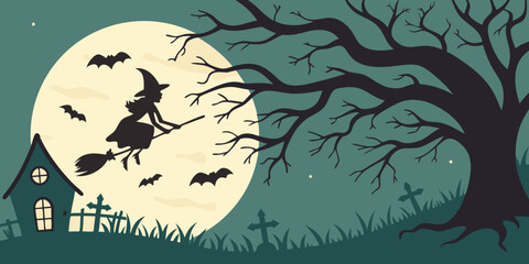 Halloween horizontal banner with vector logo. The inscription with ominous tree branches, bats and a pretty witch on a background of the full moon.