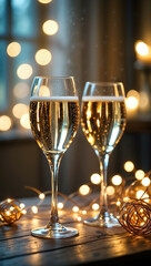 Two elegant glasses of sparkling wine are filled and placed on a wooden table, illuminated by soft, warm lights, creating a cozy atmosphere. Party, and celebration concept. Generative AI.