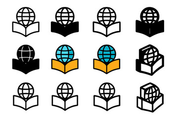 Cultural Adaptation Logo Grid. Set Logo of Cultural Adaptation: Open book with globe. Logo set in vector style, emblematic variations. line, bold thick line,