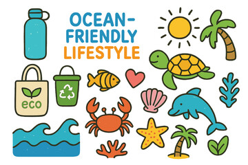 Eco-Friendly Ocean Doodles. Colorful Hand-drawn doodle Children illustration Ocean-friendly lifestyle [reusable bottle, cloth bag, recycling bin, sea turtle,