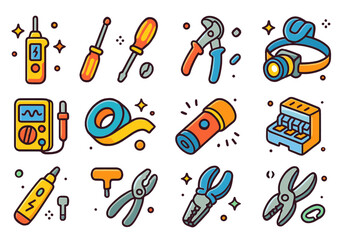 Electrician Tool Icons. Colorful isometric vector icons set of electrician’s tool belt gear: voltage tester, insulated screwdriver
