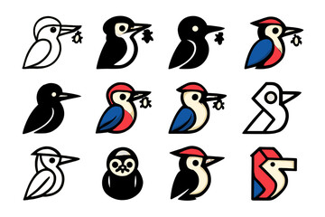 Obraz premium Woodpecker Logo Variations. Set Logo of Woodpecker: Woodpecker with insect in beak. Logo set in vector style, emblematic variations. line, bold thick line,