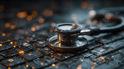 Stethoscope on computer keyboard symbolizing digital healthcare security, data encryption, and medical technology innovation in cybersecurity and telemedicine applications, Generative AI