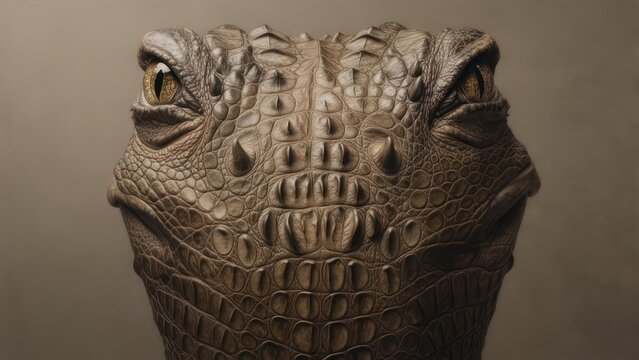 Intense close-up portrait of a formidable alligator's textured head and piercing golden eyes, conveying primal power and ancient mystique