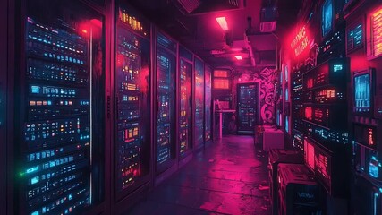 Neon-lit server room with glowing technology and art - Powered by Adobe