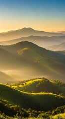 A breathtaking vista of rolling hills bathed in golden sunlight at sunrise, showcasing a tranquil and serene mountain landscape.
