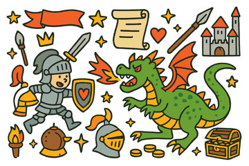 Obraz premium Epic Knight Adventure. Epic battle. Colorful Hand-drawn doodle Children illustration knight, dragon, sword, shield, crown, banner, star, heart, treasure chest,