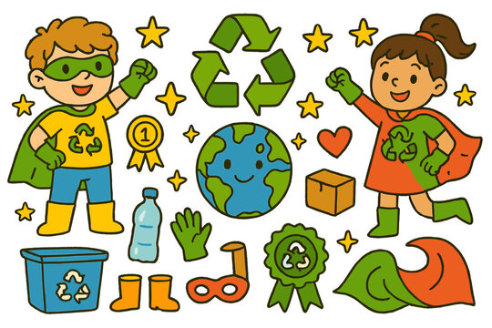 Recycling Superheroes Unite. Colorful Hand-drawn doodle Children illustration Recycling heroes capes, recycle symbol, gloves, bins, smiling Earth, bottle,