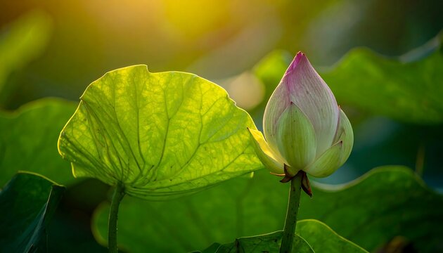 Lotus bud and leaf in sunlight - Powered by Adobe