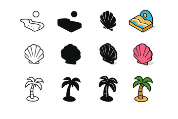 Obraz premium Beach Icon Set. Icon Set of Beach Landscapes and Coastal Beauty Shoreline: Sandy beach, Seashell, Palm tree. Icons set in vector style, emblematic variations.