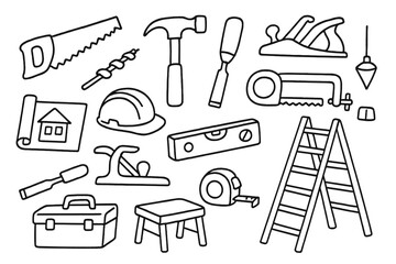 Construction Tools Doodle. Hand-drawn doodle illustration building site tools saw, hammer, mallet, chisel, auger, plane, clamp, plumb line, spirit level,