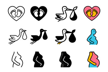 Motherhood Icon Collection. Icon Set of Motherhood Symbols: Heart with baby feet, Stork carrying bundle, Pregnant belly icon. Icons set in vector style,